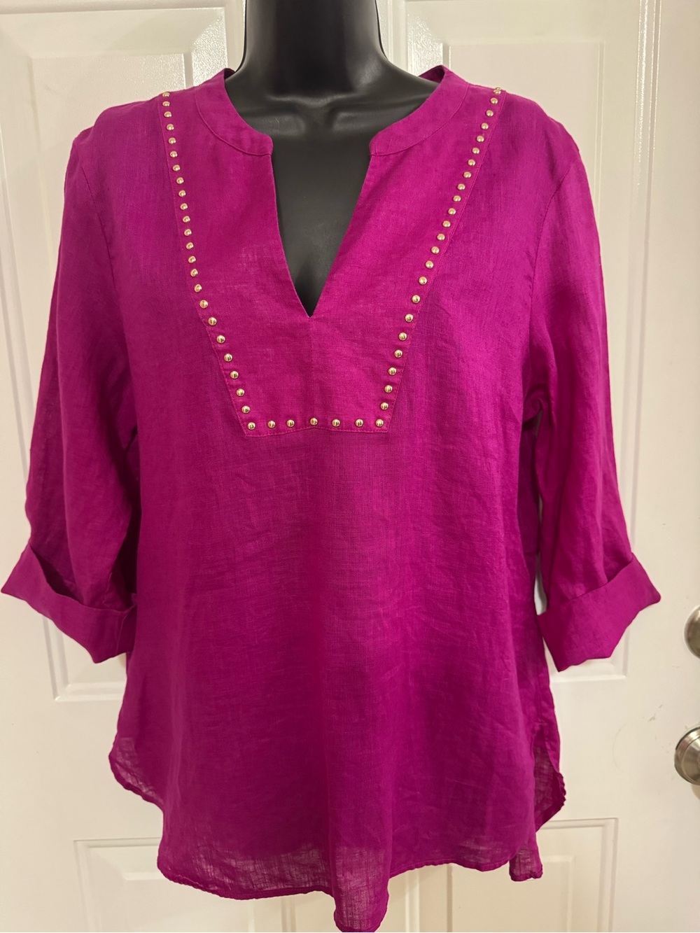 Womens Magenta Stud-Trim V-Neck Tunic